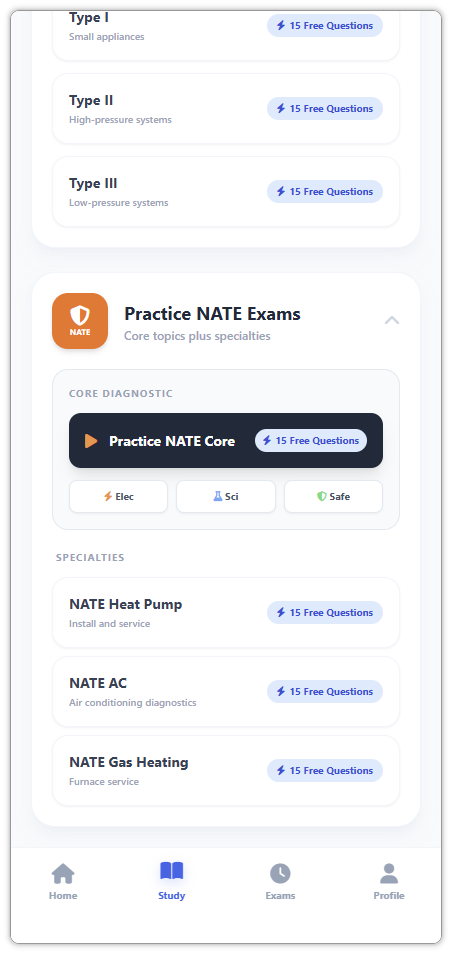 NATE exam module cards in the HVAC Exam Master study center