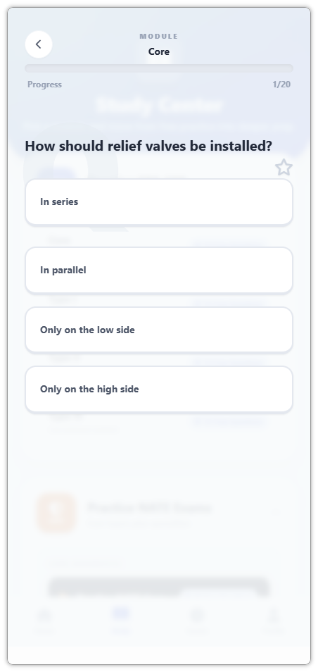 Each question shows four options, progress and a bookmark star.